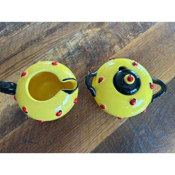 Department 56 Yellow Ladybug Sugar & Creamer Set By Department 56 Hand-Painted C - Picture 2 of 11